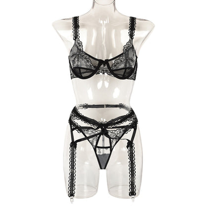 Women's Embroidered Mesh Splicing Lace Shoulder Straps Girdle Underwear Three Piece Set