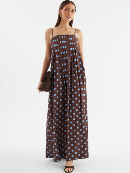 Wave Print Pleated Camisole Mid Length Dress