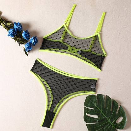 Dot Mesh Fluorescent Green Sling Underwear Two-piece