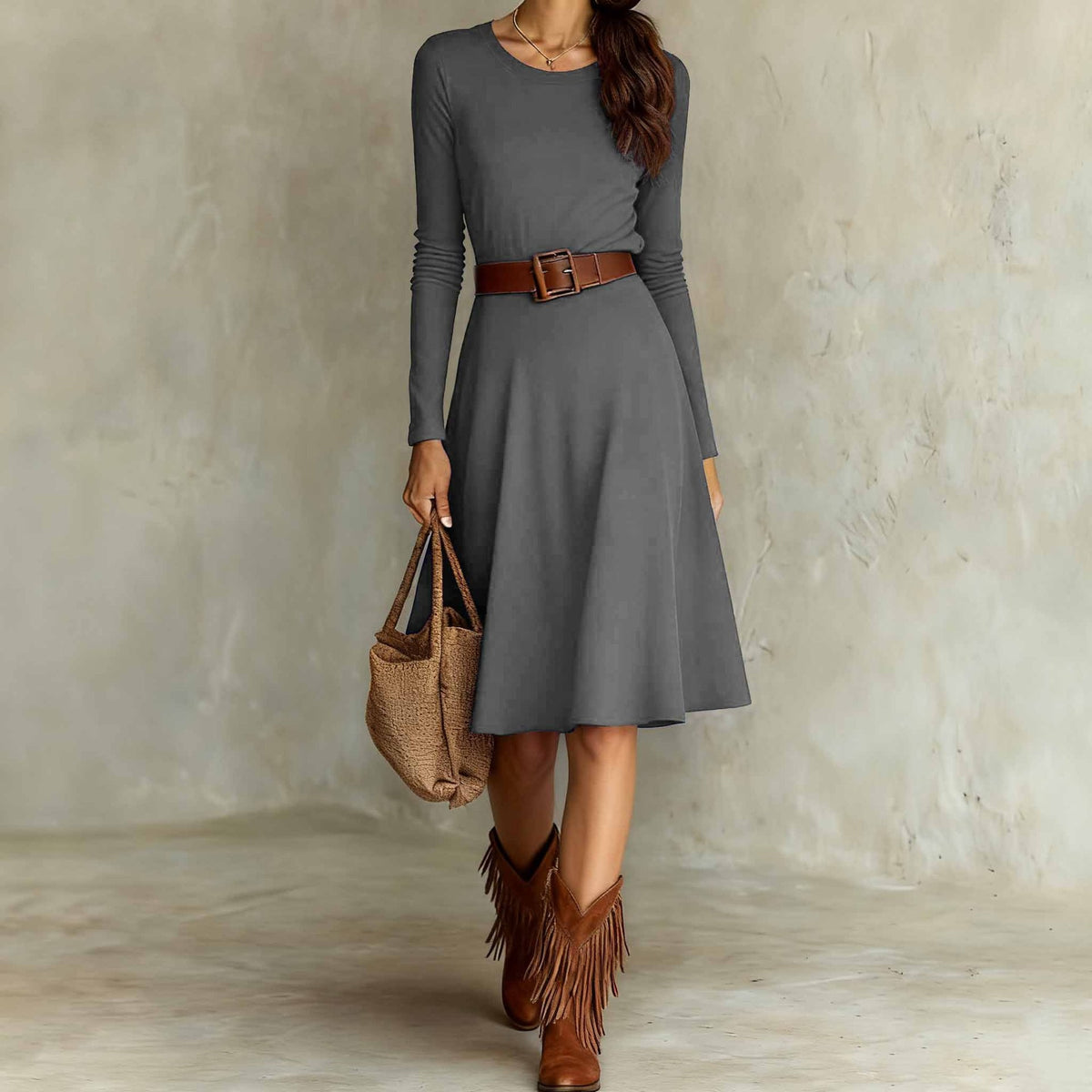 Elegant Western-style Crew-neck Long-sleeve Dress Springautumn