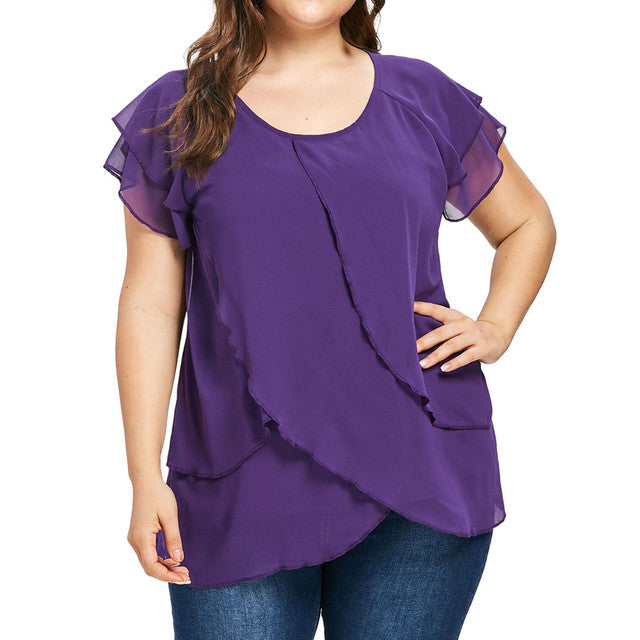 Women's Solid Color Chiffon Round Neck Multi-layer Stitching Short-sleeved Split Top