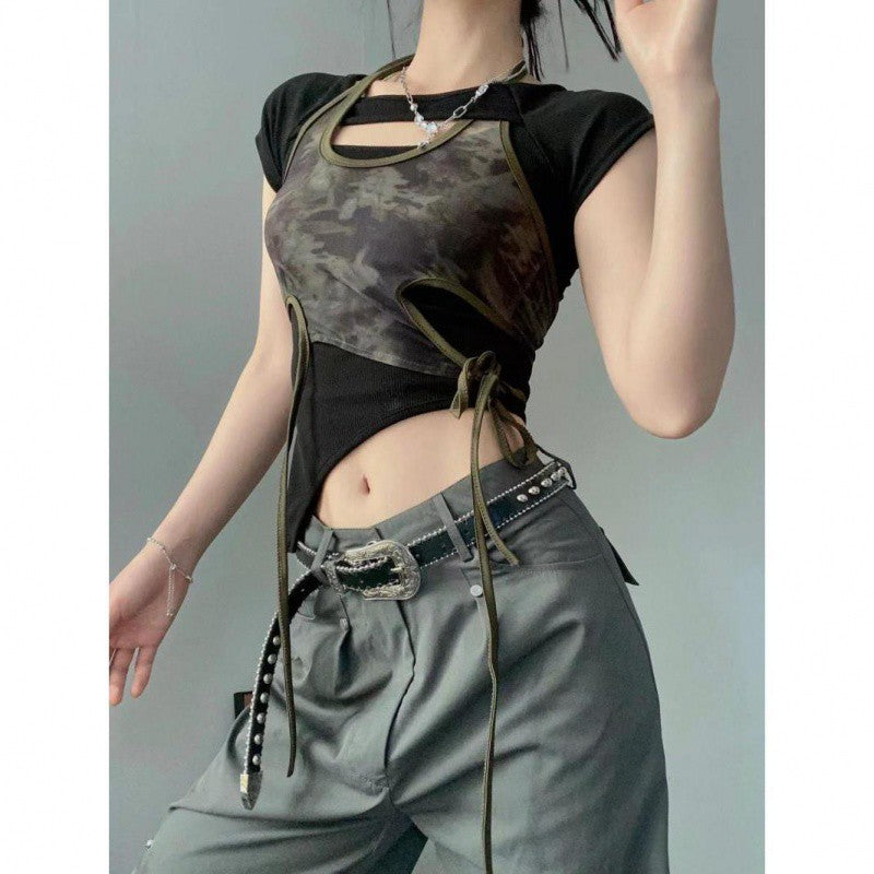 Retro Hot Girl Printed Top Summer Design Sense Niche Chic Short Sleeve Strappy