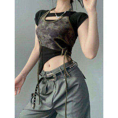 Retro Hot Girl Printed Top Summer Design Sense Niche Chic Short Sleeve Strappy