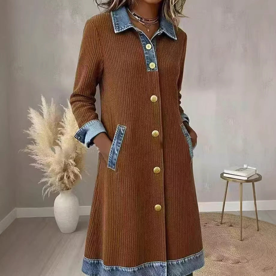 Womens Buttoned Long-Sleeve Corduroy Patchwork Denim Dress