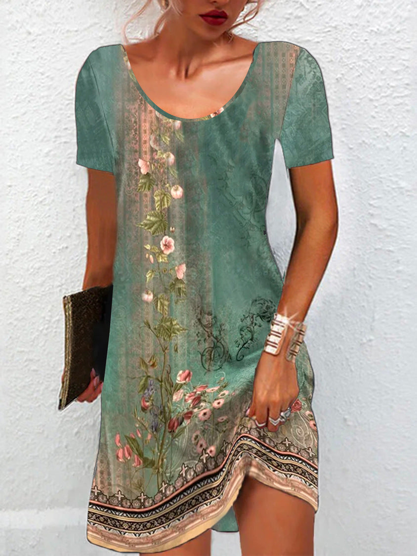 New Summer Floral Print Short-Sleeve Dress For Europe And The US