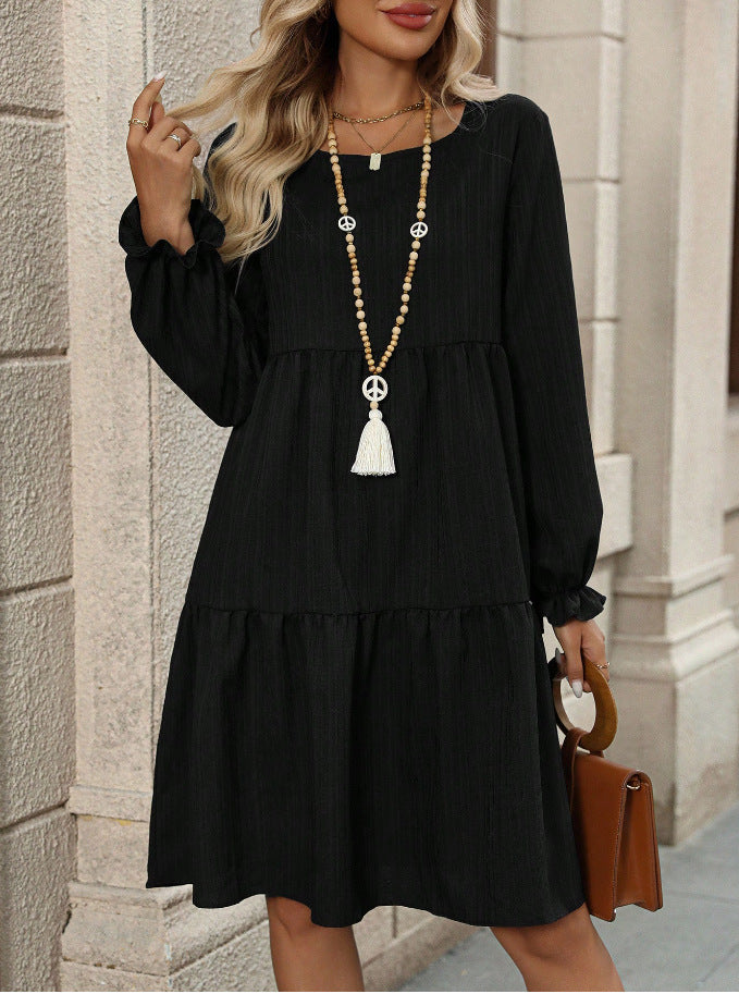 Womens Solid-Color Crew-Neck Casual All-Match Dress