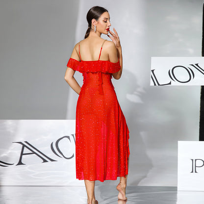 Multi-color Mesh Sequin Off-the-shoulder V-neck Split Dress