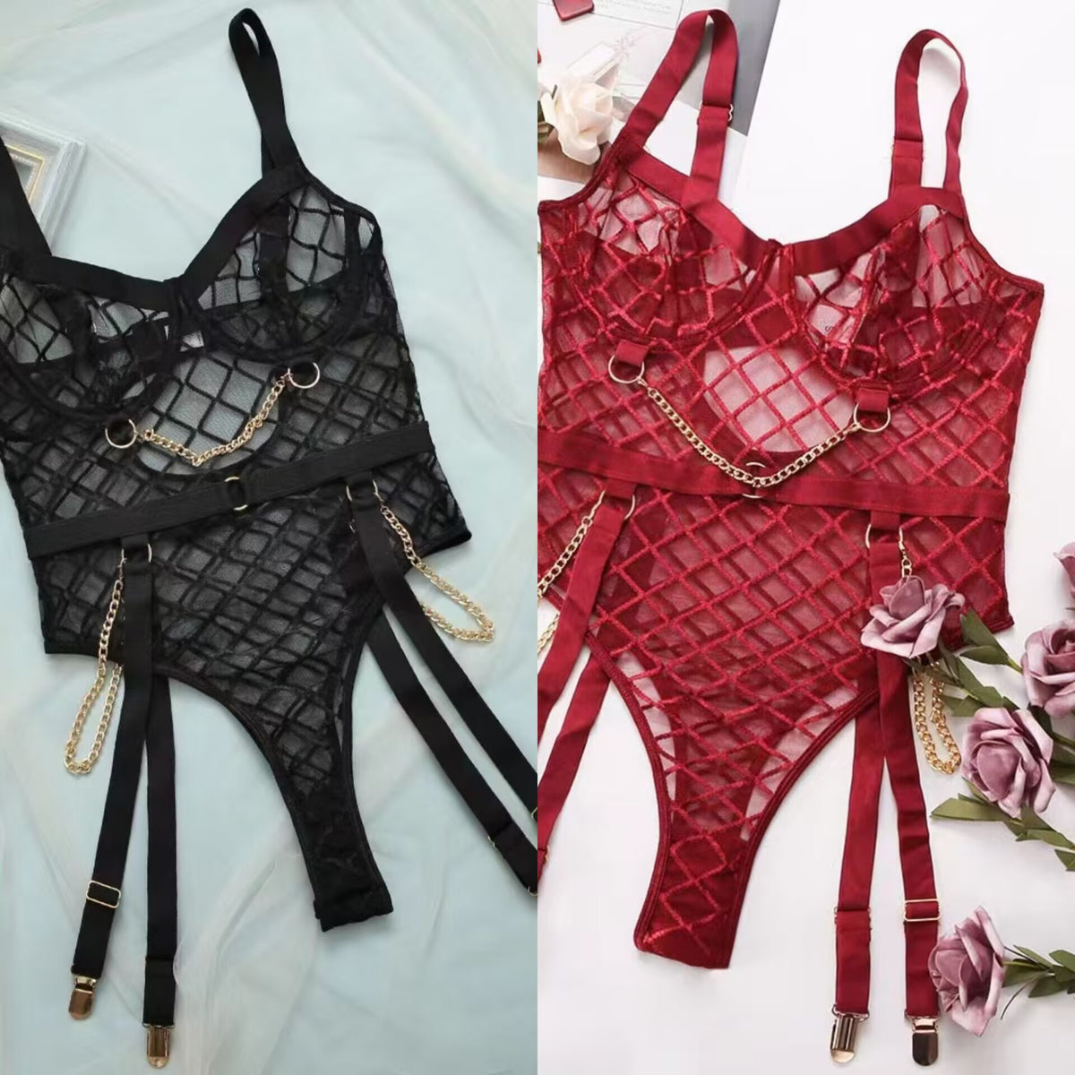 One-piece Lingerie One Piece Dropshipping Metal Chain Grid Passion Sexy Tight Underwear
