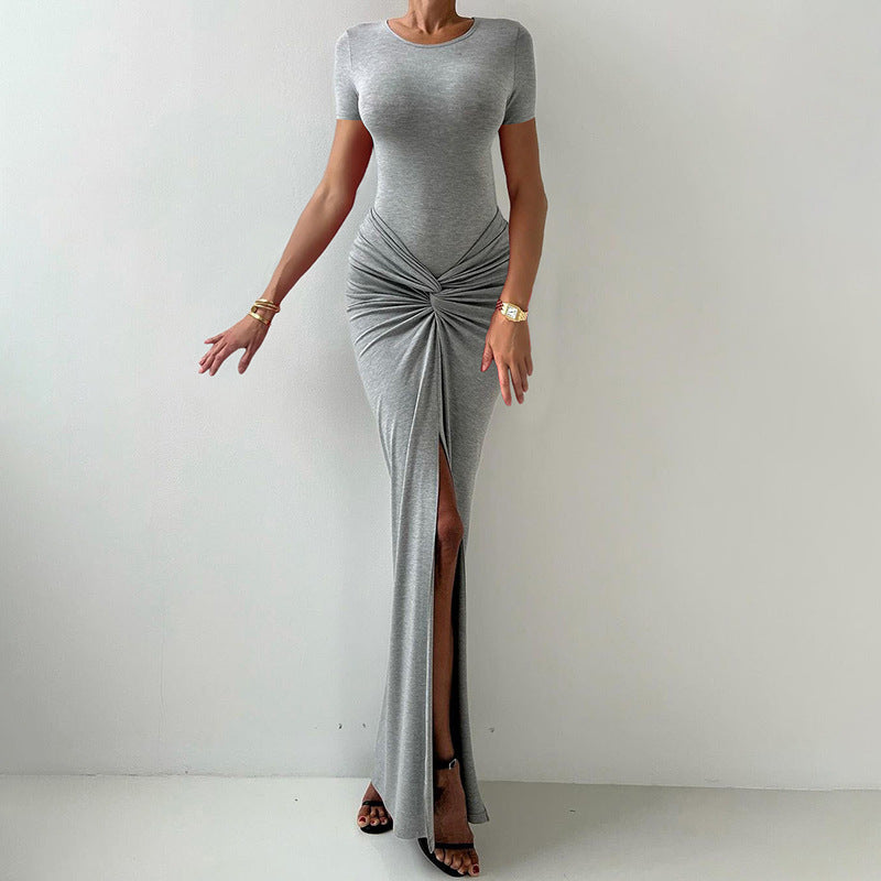 Womens Solid-Color Crew-Neck Slim-Fit Sexy Slit Dress