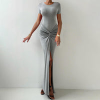 Womens Solid-Color Crew-Neck Slim-Fit Sexy Slit Dress
