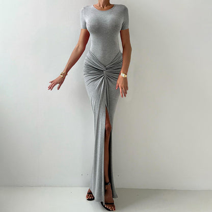 Womens Solid-Color Crew-Neck Slim-Fit Sexy Slit Dress