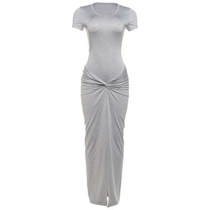 Womens Solid-Color Crew-Neck Slim-Fit Sexy Slit Dress