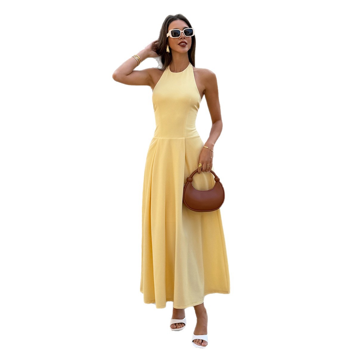 SpringSummer European And American-style Elegant Halter-neck Sleeveless Waist-cinching A-line Dress