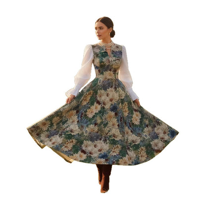 Retro Casual V-Neck Printed Long-Sleeve Womens Dress