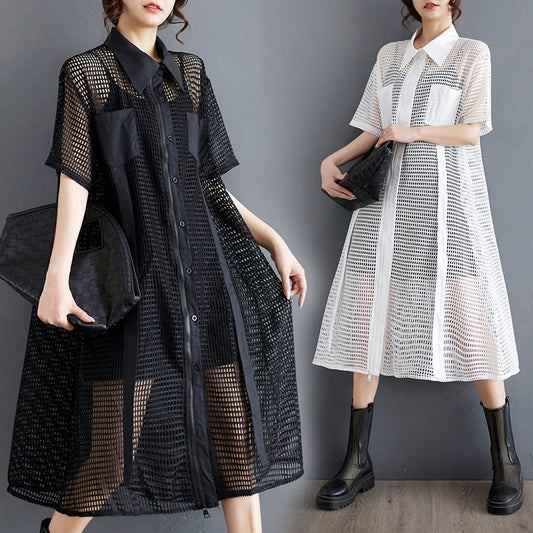 Niche Hollow Out Design Pocket Shirt Dress