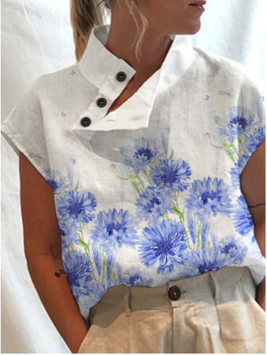 Women's Casual Stand Collar Short-sleeved Digital Printed Top T-shirt