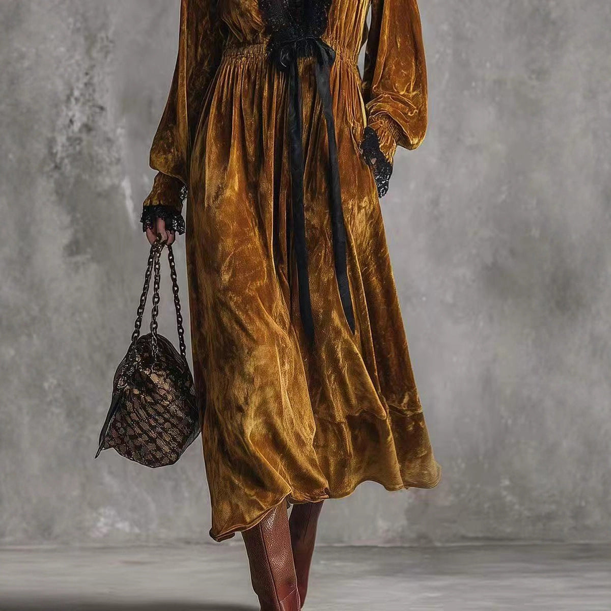 Solid-color Textured Long-sleeve Elegant French-style Dress For Women