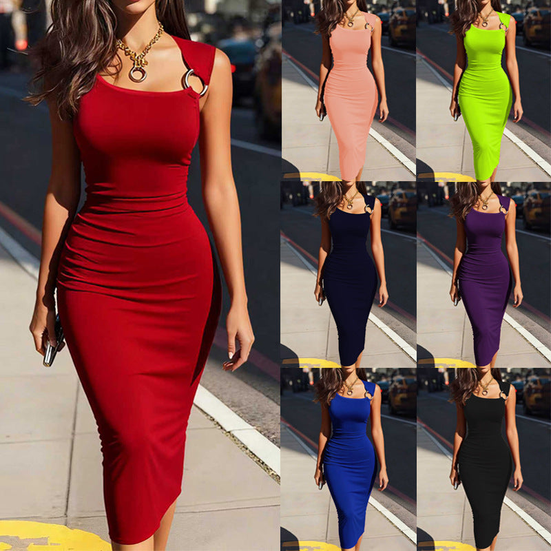 Asymmetrical-neck Form-fitting Slimming Metallic Hoop Detail Long-sleeve Elegant Mini Dress