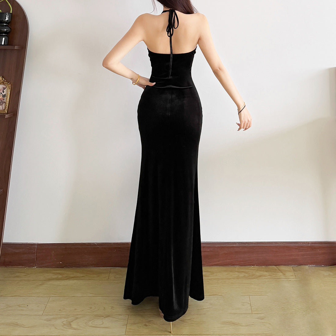 Spring Color-Block Spliced Halterneck Dress With Ties