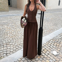 Resort-style Halter V-neck Belted Dress