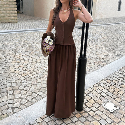 Resort-style Halter V-neck Belted Dress