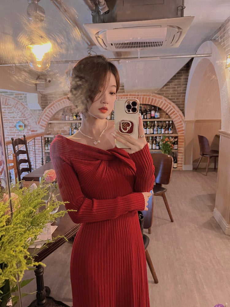 Word Cold-shoulder Elegant High-end Underwear Knitted Dress