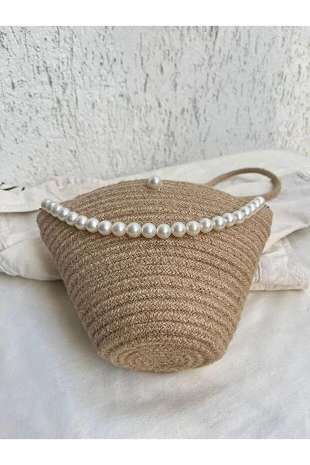 Jute Fabric Pearl Design Classic Shoulder Bag