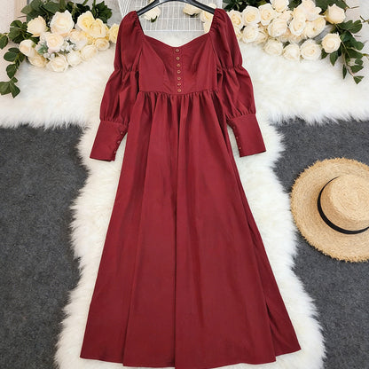 Spring New Womens Loose Long-Sleeve Red Dress