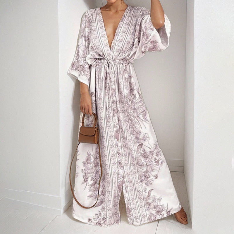 Deep V Bat Sleeve Waist Cinching Printed Slim Fit Dress