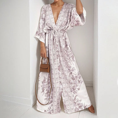 Deep V Bat Sleeve Waist Cinching Printed Slim Fit Dress