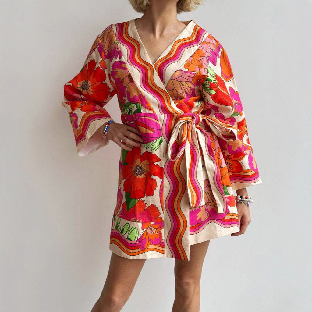 Elegant Linen Loose-fit Tie-up Dress
