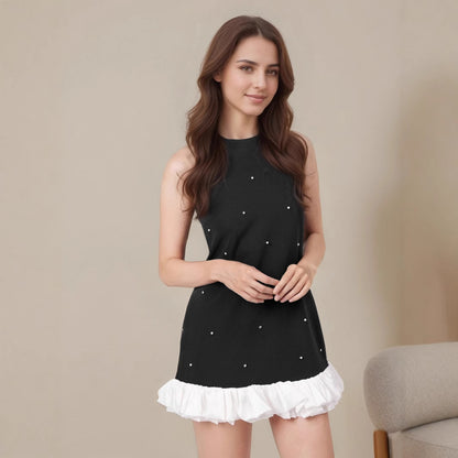 Womens Sleeveless Black Camisole With Starry Print A Line Patchwork Dress