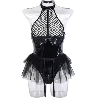 PU Patent Leather Large Grid Cross Pieced Hanging Neck Underwear