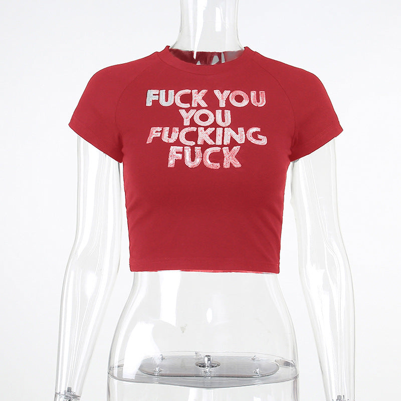 Sequin Alphabet Print Casual Skinny Short Sleeve Simple Hong Kong Style Crop Top