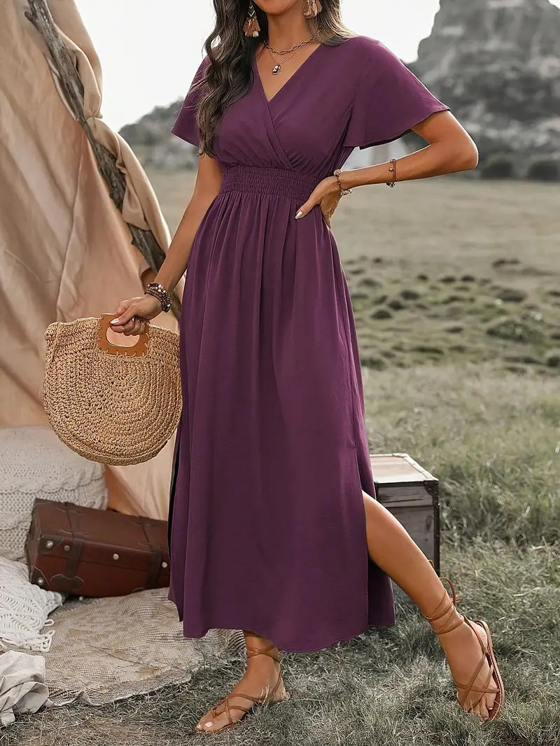 V-neck Long Skirt Casual Resort Short-sleeve Dress