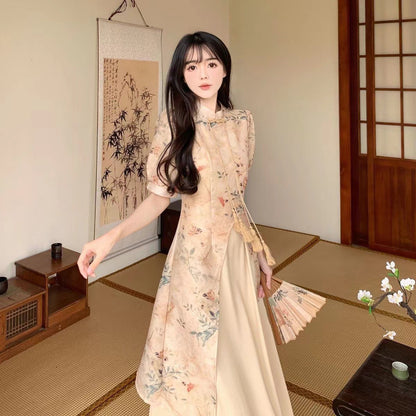 Cheongsam Floral-print Dress A Chic Autumnal Long Skirt That Cinches The Waist To Create A Slimming Silhouette