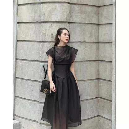 Womens Solid-Color Pleated High-Waist Black Sheer Dress That The