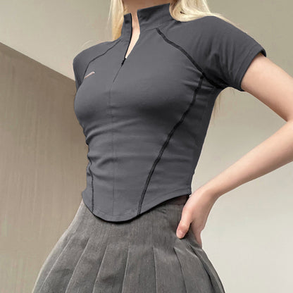 Split Slimming Invisible Zipper Spice Girl Stand-up Collar Bottoming Short Top