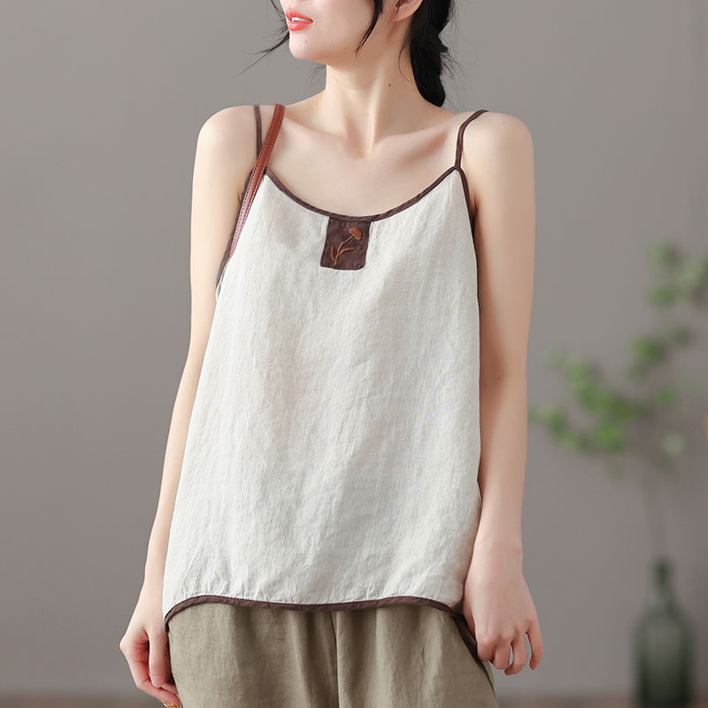 Summer Thin Cotton Linen Top Ladies Embroidered Vest