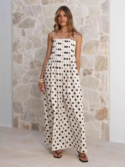Wave Print Pleated Camisole Mid Length Dress