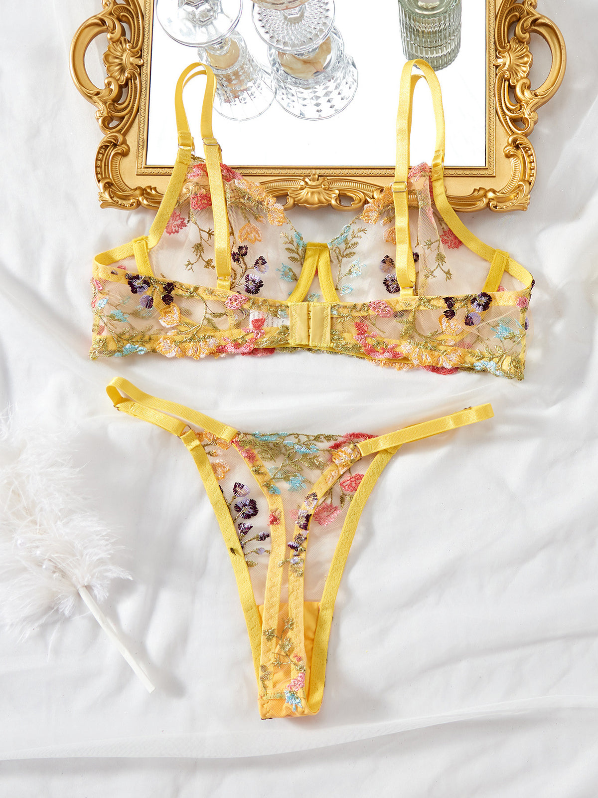 Mesh Embroidery Steel Ring Push Up Underwear T-back Suit