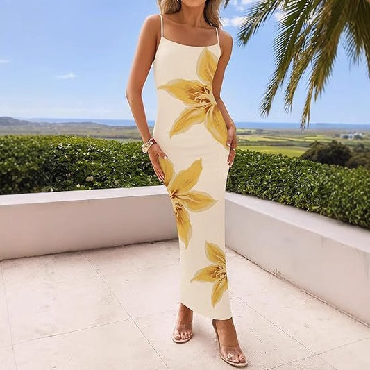Women's Sling Flower Print Slim Fit Dress Long