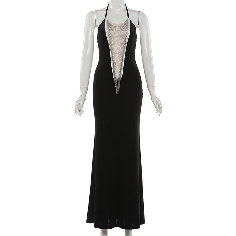 Spring Color-Block Spliced Halterneck Dress With Ties
