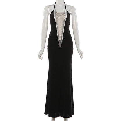Spring Color-Block Spliced Halterneck Dress With Ties