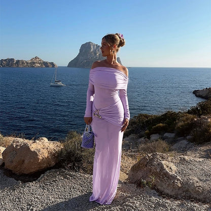 Womens Elegant Solid-Color Mesh Off-the-Shoulder Long-Sleeve Sheer Bodycon Dress