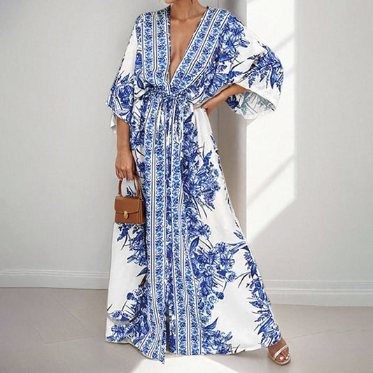 Deep V Bat Sleeve Waist Cinching Printed Slim Fit Dress