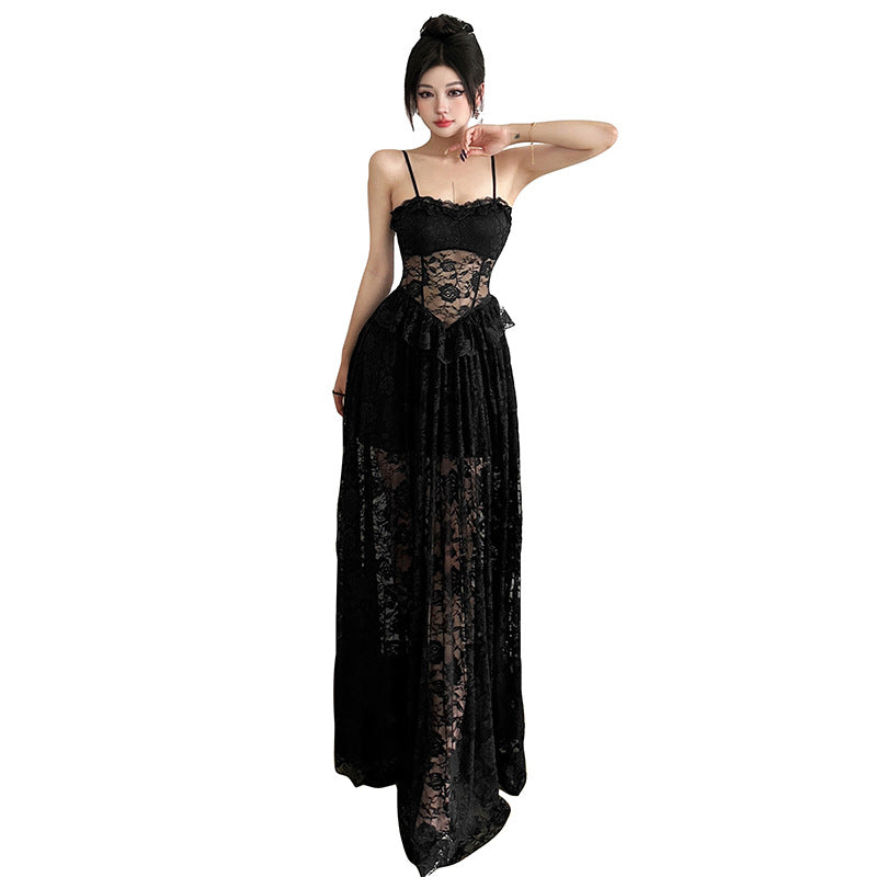 Womens Black Lace Slip Dress With A See Through Bustier Design