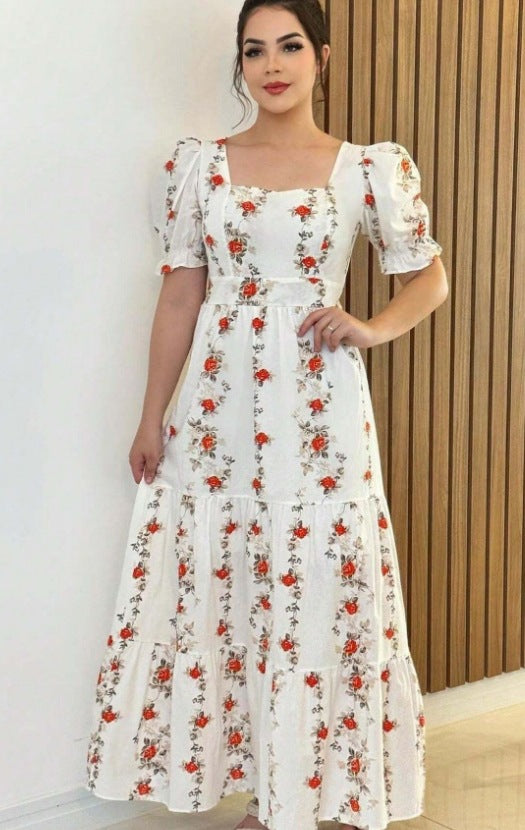 Long Luxurious Short Sleeve Printed Dress