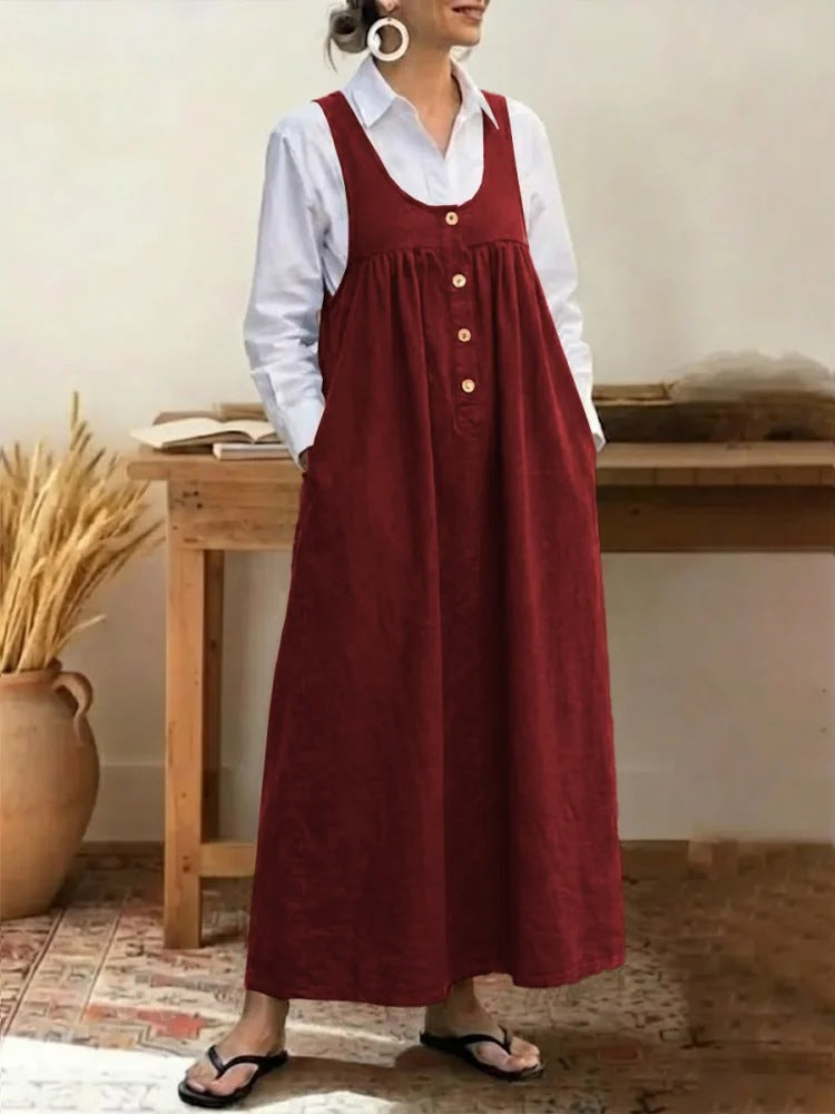 Solid-color Button-up Suspender Dress Sleeveless Loose-fit Casual Dress