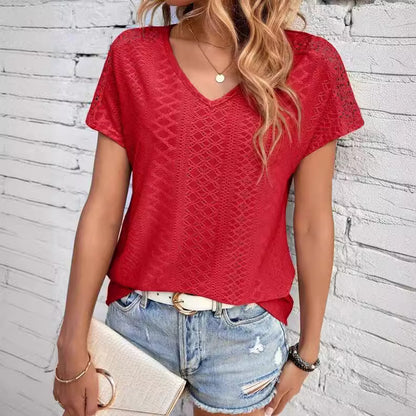 Women's Solid Color And V-neck Top Hollow Mesh Short Sleeve